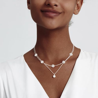 Zeffy Gold Pearl Necklace for Women, Dainty 14K Gold/Silve Plated Layered Pearl Choker Pearl Earrings Pearl Bracelets Wedding Trendy Gold Jewelry Set for Women Gifts - style: Silver Pearl Daisy Necklace-2PCS