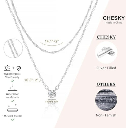 CHESKY Layered Silver Necklace for Women Trendy,Dainty Silver Plated Stackable Charm Necklace Layering Paperclip Tennis Rope Chain CZ Pendant Jewelry Set Gifts - style: CZ-wave