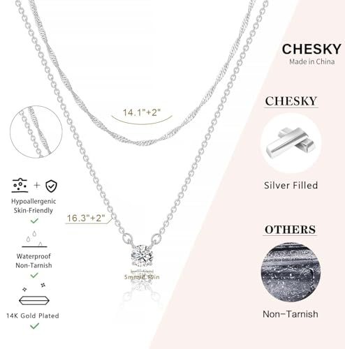 CHESKY Layered Silver Necklace for Women Trendy,Dainty Silver Plated Stackable Charm Necklace Layering Paperclip Tennis Rope Chain CZ Pendant Jewelry Set Gifts - style: CZ-wave