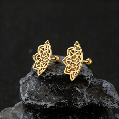 14K Gold Plated Hidden Helix Piercing Jewelry for Women Gothic Boho Mandala Lotus Cartilage Earring Flat Back Pure Titanium Geometric Helix Stud Unique Spiritual Punk Jewelry Gifts - color: Gold