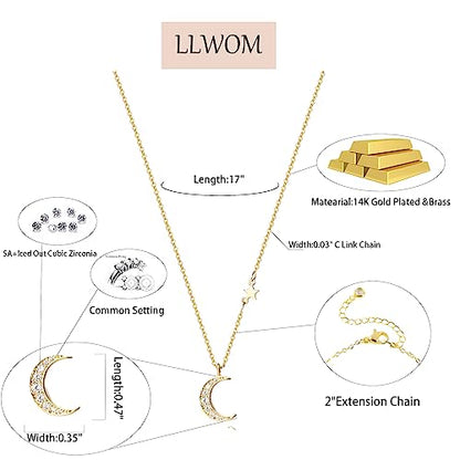 LLWOM Gold Necklace for Women-14k Gold Plated Infinity Necklace Star Of David Necklace Evil Eye Cross Pendants Heart Dainty Gold Necklace For Women - color: Gold-DaintyMoonStar