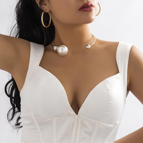 14K Gold Plated Large Pearl Open Necklace for Women | Simple Statement Pearl Open Geometric Bead Choker Necklace Modern Party Anniversary Club Jewelry Gifts - color: Silver