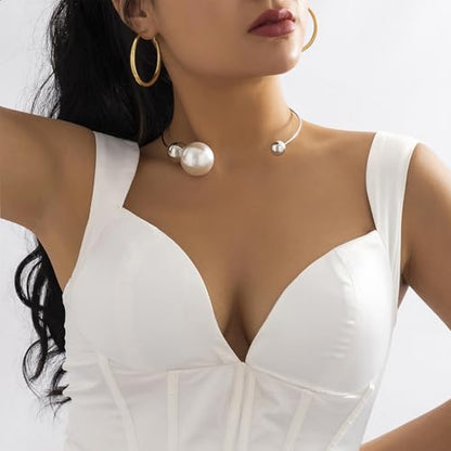 14K Gold Plated Large Pearl Open Necklace for Women | Simple Statement Pearl Open Geometric Bead Choker Necklace Modern Party Anniversary Club Jewelry Gifts - color: Silver