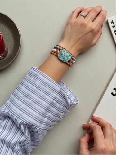 YGLINE Boho Handmade Wrap Leather Tube Crystal Stone Bracelet for Women - color: Jasper-5w