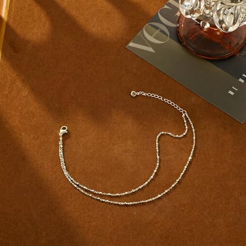 Pencros Dainty Layered Anklet,14K Gold Filled Cute Beads Satellite Chain Heart Boho Adjustable Anklets for Women - color: Layer Beads Silver