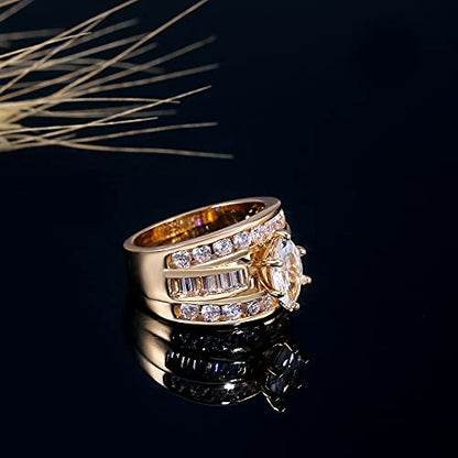 18K Yellow Gold Plated Luxury Marquise Cut Cubic Zirconia CZ Shiny Full Diamond Multi Row Eternity Engagement Wedding Band Promise Ring for Women ST.196 - size: 10