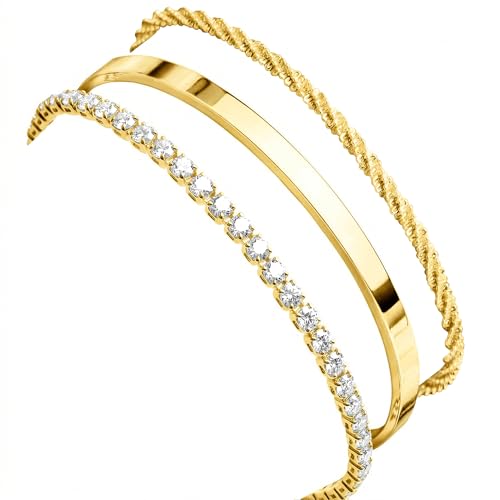 925 Sterling Silver Bracelets for Women Stack, Trendy Tennis Bangle Cuff Jewelry Set 14K Gold Plated, Adjustable Bracelet Set for Wrist Essentials, Women Fashion Watch Band Acecessories - style: Bracelet_3pcs(Dainty Tennis Set)
