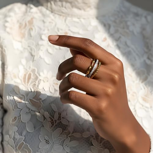 Stackable Rings for Women Non Tarnish Gold Silver Mixed Metal Wedding Band Set Gold Plated Stainless Steel with Cubic Zirconia Dainty Statement Thumb Ring Gift for Christmas Birthday Anniversary Jewelry - style: Radiant Triple Band Ring