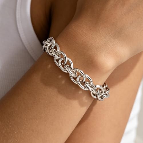 Chunky Gold Bracelet for Women Non Tarnish, Trendy Stretch Cuban Link Chain Plated Gold Bangle Bracelets - color: O-Small-Silver