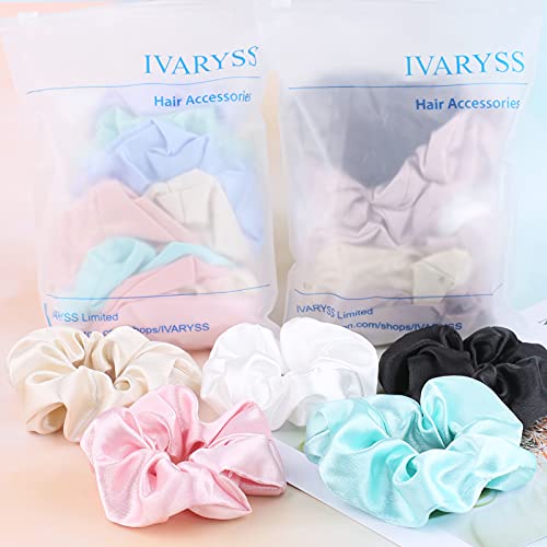 IVARYSS Scrunchies for Hair Sleep, Premium Satin Soft Than Silk for Women Curly Hair, Cute Bands Ties for Girls Thin | Thick Hair Styling, 12 Pack, Dark - color: Dark Scrunchies
