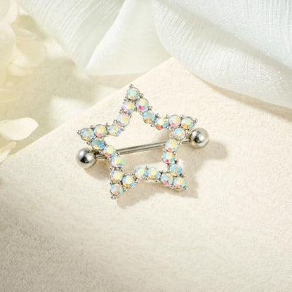 AceFun 5 Pairs 14G Nipple Rings Stainless Steel Heart Butterfly Bow Opal Flower CZ Stud Barbell Set Cute Nipplerings Shields Piercing Jewelry for Women Pink Blue Red Tone Body Jewelry - color: Blue