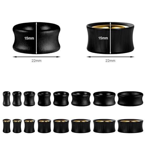 2 Pairs Hollow Vintage Ear Tunnel Plugs Stretcher Gauges | Natural Black Sandalwood/Stainless Steel, Saddle Double Flared, Wooden Body Jewelry - size: 22MM