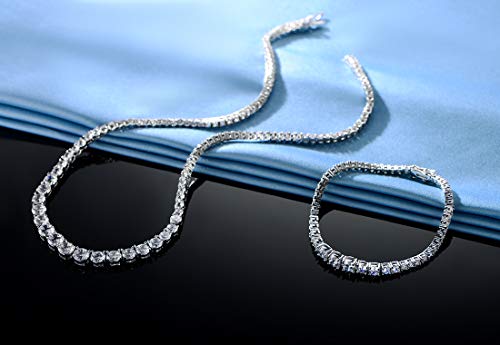 18K White Gold Plated Tennis Necklace/Bracelet/Earrings/Band Ring Sets Hypoallergenic Jewelry Pack of 4 - color: 3 Set Pcs White