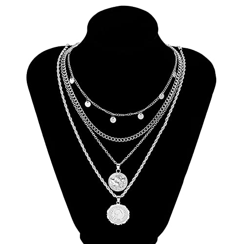 MJartoria Layered Necklaces for Women Trendy Retro Coin Pendant Chain Necklaces Dainty Link Chain Choker Necklaces for Jewelry Birthday Gifts - color: Silvery
