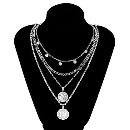 MJartoria Layered Necklaces for Women Trendy Retro Coin Pendant Chain Necklaces Dainty Link Chain Choker Necklaces for Jewelry Birthday Gifts - color: Silvery