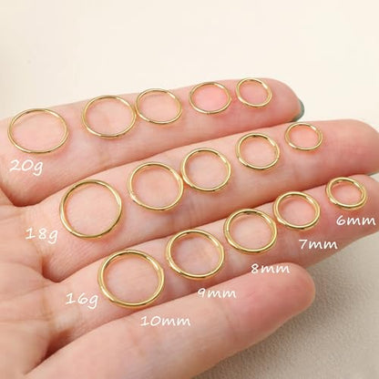20G 18G 16G Titanium Nose Ring Hoop, Cartilage Hoop Earrings for Women Men Silver Gold Nose Ring Septum Ring Tragus Conch Helix Daith Lip Piercing Jewelry 6mm/7mm/8mm/9mm/10mm - color: Gold-18g, style: 10mm
