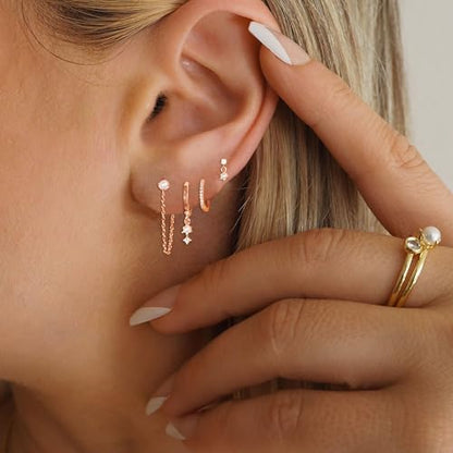 Gold Plated Earrings for Women, 14k Gold Plated Earring Stack Hypoallergenic Pearl Drop Earring Dainty Earrings for Women Trendy Cute Small Huggie Hoop Earring Fashion Womens Jewelry - color: RG Set