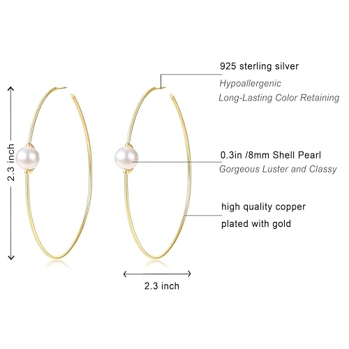 OwMell Large Hoop Earrings for Women 925 Sterling Silver Post 14K Gold Plated Big Hoops Earrings Trendy Pearl Cubic Zirconia Hoop Earrings - color: Pearl Gold