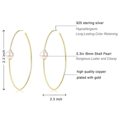 OwMell Large Hoop Earrings for Women 925 Sterling Silver Post 14K Gold Plated Big Hoops Earrings Trendy Pearl Cubic Zirconia Hoop Earrings - color: Pearl Gold
