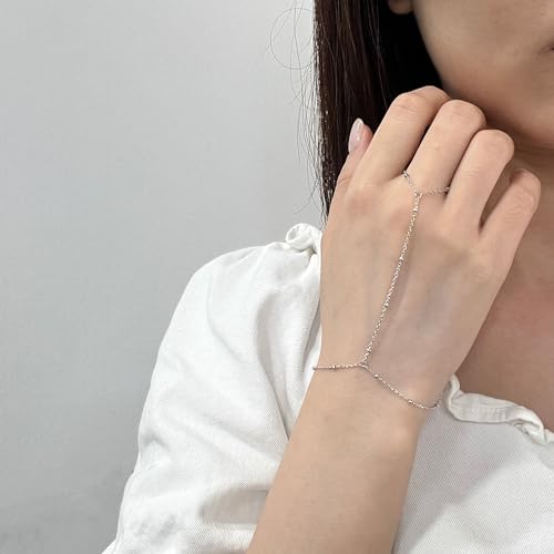 Kakikaki 925 Sterling Silver Finger Ring Bracelet Hand Chain for Women | Slave Bracelets 7" to 9" Adjustable - color: Silver, style: Satellite Chain