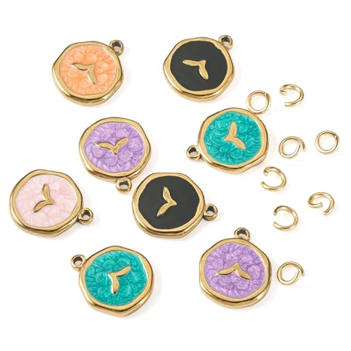 8Pcs Cute Stainless Steel Enamel Charms Flat Round with Fishtail Pendant Mixed Color Animal Theme Dangle Charm with Jump Ring for DIY Necklace Keychain Jewelry Making - color: Fishtail