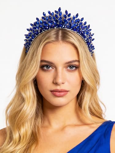 Bridal Rhinestone Headband Wedding Hair Accessories for Women, Pearl Crystal Headband Wedding Costume Headpieces for Brides Princess Quinceanera Christmas Party Prom Birthday(Blue) - color: Blue