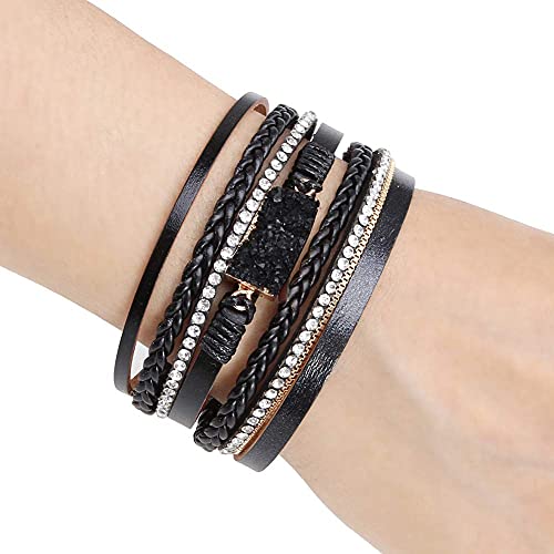 Vercret Leather Wrap Bracelet for Women, Multi-Layer Cuff Bangle | Boho Stacked Bracelets with Safe Clasp Western Bangle Jewelry Gift for Lady and Mom Sister Friend - style: Druzy Black