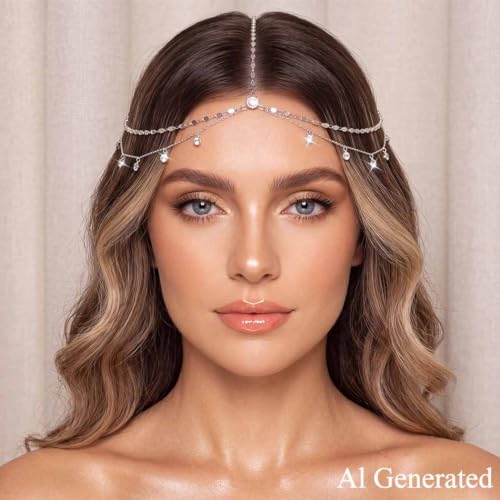 BARTOSI Rhinestone Head Chain Silver Wedding Headpiece Jewelry for Women | Boho Crystal Head Chain Silver Forehead Layered Headband Prom Bridal Hair Accessories - color: A-Silver