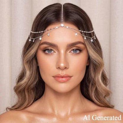 BARTOSI Rhinestone Head Chain Silver Wedding Headpiece Jewelry for Women | Boho Crystal Head Chain Silver Forehead Layered Headband Prom Bridal Hair Accessories - color: A-Silver