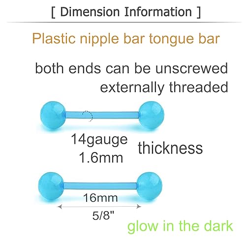 MODRSA 14g 16g Nipple Rings Tongue Rings 14 Gauge Surgical Steel Nipple Bar Barbell 14mm 16mm 18mm Silver Rose Gold Black Tongue Piercing Jewelry for Women Men - color: C2 - Plastic - Glow in Dark 16mm
