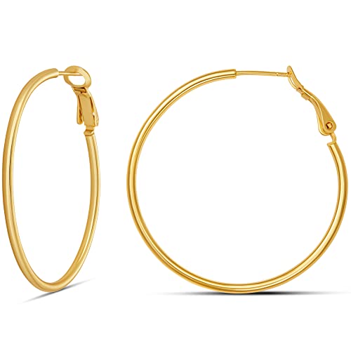 Amazon Essentials Sterling Silver or Gold plated Lightweight Paddle Back Hoop Earrings - color: Yellow Gold, size: 40 mm