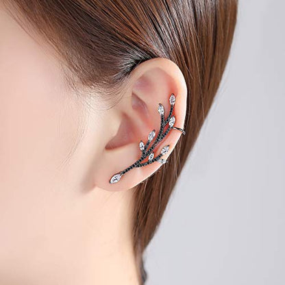 Ear Climber Crawler Earring for Women Cubic Zircon Leaves Stud Earrings | TEMICO Sexy Black Crystals Leaf Ear Cuffs Cartilage Post Studs Hypoallergenic Jewelry