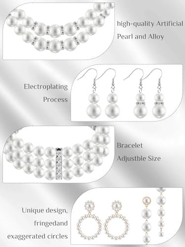 BBTO 8 Pcs Pearl Necklace and Earrings Set for Women Pearl Jewelry Set Faux Necklace Earrings Simulated Bracelets - style: Graceful Style