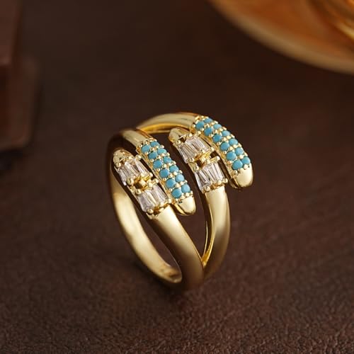 Adjustable 18K Gold Plated Open Bands Engagement Promise Ring for Women,Fashion Wrap Finger Cubic Zirconia Statement Cocktail Jewelry Gift(Blue) - color: blue