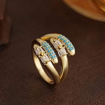 Adjustable 18K Gold Plated Open Bands Engagement Promise Ring for Women,Fashion Wrap Finger Cubic Zirconia Statement Cocktail Jewelry Gift(Blue) - color: blue