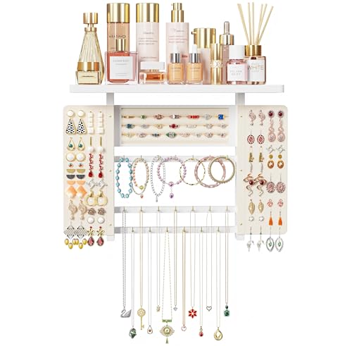 Emfogo Jewelry Organizer Hanging Wall Mounted Jewelry Holder, 5-in-1 Large Capacity Necklace Organizer Wall Hanging Jewelry Display for Ring, Necklaces, Bracelets, Earrings (White) - color: White