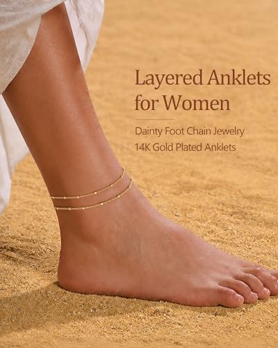 Gold Silver Ankle Bracelets for Women Waterproof 14K Gold Plated Anklets for Women Non Tarnish Dainty Layered Beaded Heart Anklet Set Summer Beach Foot Chain Jewelry Gifts Trendy Stuff - color: F- Small Beaded Anklets-Gold