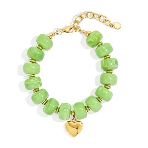 WOWORAMA Colorful Beaded Bracelets for Women Multicolor Acrylic Resin Beads Bracelet with Heart Charm Boho Statement Chunky Bracelet Summer Holiday Jewelry - color: Heart-Light Green