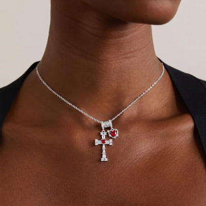 Cross Heart Necklace for Women, Elegant Red Gemstone Pendant Jewelry, Non Tarnish Hypoallergenic Necklace, Dainty Everyday Layering Chain for Her, Birthday Anniversary Graduation Gifts - color: Silver