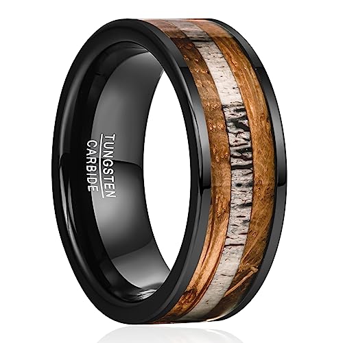 NUNCAD 8mm Tungsten Ring for Men, Black Inlaid Whisky Barrel Wood Antler Hammered Tungsten Wedding Bands Customize Engraved Ring Fit Men Women Size 7-12 - color: B-Black