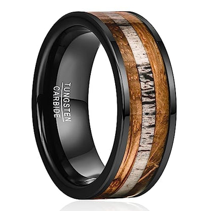 NUNCAD 8mm Tungsten Ring for Men, Black Inlaid Whisky Barrel Wood Antler Hammered Tungsten Wedding Bands Customize Engraved Ring Fit Men Women Size 7-12 - color: B-Black