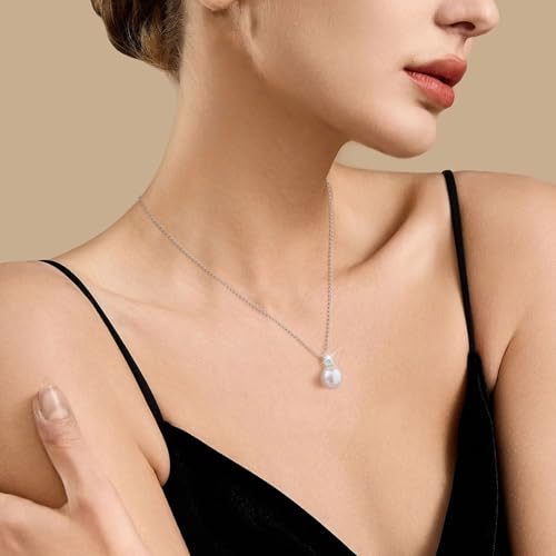 Pearl Necklace for Women 925 Sterling Silver Single Pearl Jewelry with Shell Pearl Pendant - Dainty Choker Necklace Suitable for Anniversary, Wedding, Birthday Gifts - color: CZ Silver