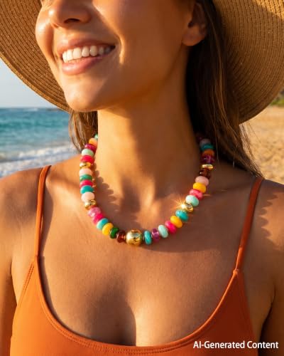 FIRAZIO Colorful Chunky Beaded Necklaces for Women | Trendy Statement Necklace Choker Necklace Boho Summer Beach Vacation Jewelry Gift - color: Colorful Beaded - 3