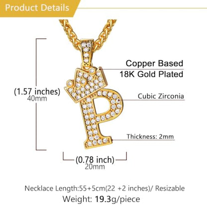 U7 Crown Initial Necklace Men Women, Bling Diamond A-Z 0-9 Letter Pendant with Wheat Chain, Silver/Black/Gold Plated CZ Alphabet Number Hip Hop Jersery for Father Husband - color: a. Gold, size: 16. P
