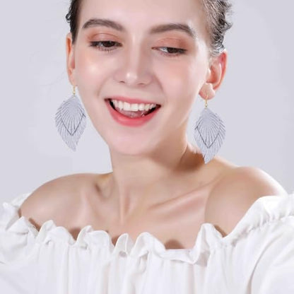Genuine Leather Handmade Fringe Feather Lightweight Dangle Drop Earrings Teardrop Tassel Hook Earrings for Women - style: 4 Grey