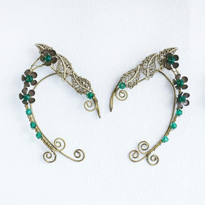 Elf Ear Cuffs, OwMell Handcraft Silver Pointed Fairy Elven Cosplay Fantasy Costume Bridal Wedding Earrings for Non Pierced Ears - style: 3 Flowers