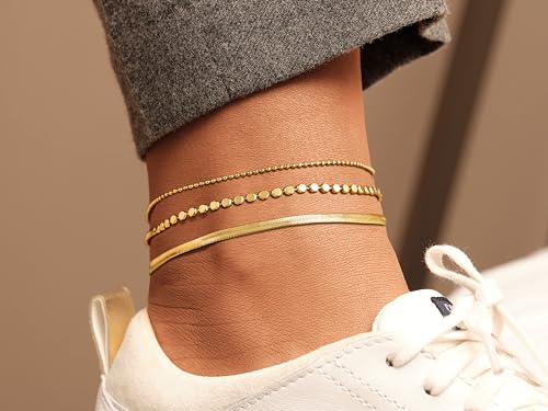 Risamil 14K Gold Plated Ankle Bracelets for Women, Anklets for Women Waterproof Layered Ankle Bracelets for Women Teen Girl Herringbone Anklet Set Summer Foot Jewelry Gifts - color: 3PCS-07