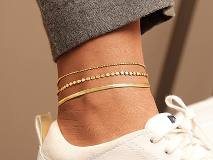 Risamil 14K Gold Plated Ankle Bracelets for Women, Anklets for Women Waterproof Layered Ankle Bracelets for Women Teen Girl Herringbone Anklet Set Summer Foot Jewelry Gifts - color: 3PCS-07