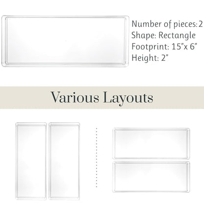 STORi SimpleSort 2-Piece Stackable Clear Drawer Organizer Set | 15" x 6" x 2" Rectangle Trays | Wide Makeup Vanity Storage Bins and Office Desk Drawer Dividers | Made in USA - size: 15x6x2"