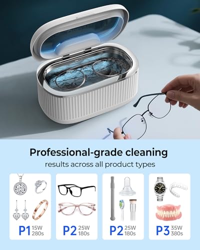35W Ultrasonic Jewelry Cleaner, 45KHz Retainer Cleaner for Jewelry, 5 Timer & 3 Power Modes, Eyeglasses, Rings, Watch Strap, Dentures - 20oz, 304 Stainless Steel Tank, Quiet <38dB (White) - color: White